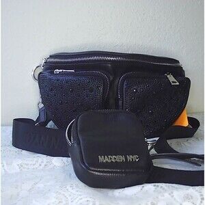 Madden NYC Womens Embellished Multi Pocket Fannypack Crossbody W/Pouch Black New